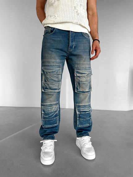 Erkek Baggy Fit Çok Cepli Premium Jean Pantolon Mavi