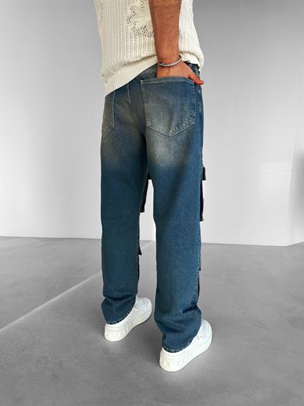 Erkek Baggy Fit Çok Cepli Premium Jean Pantolon Mavi