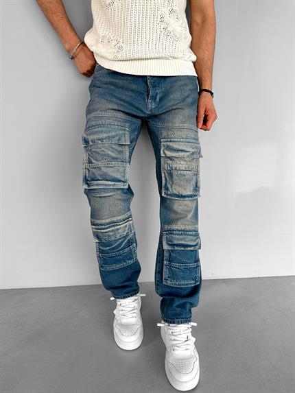 Erkek Baggy Fit Çok Cepli Premium Jean Pantolon Mavi