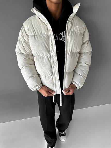 Erkek Bandana Desen Baskılı Mont Ekru