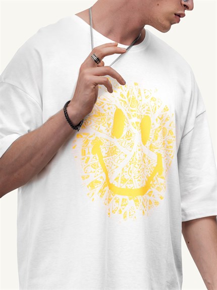 Erkek Baskılı Oversize T-Shirt Beyaz