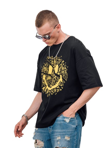 Erkek Baskılı Oversize T-Shirt Siyah