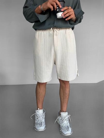 Erkek Beli Astikli Çizgili Keten Görünümlü Şort Bej
