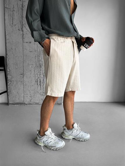Erkek Beli Astikli Çizgili Keten Görünümlü Şort Bej