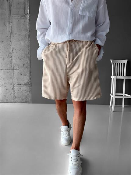 Erkek Beli Lastikli Çizgi Desenli Şort Krem