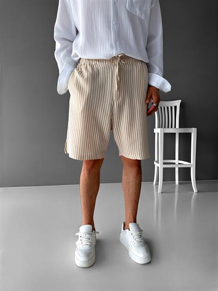 Erkek Beli Lastikli Çizgi Desenli Şort Krem
