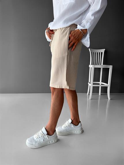 Erkek Beli Lastikli Çizgi Desenli Şort Krem