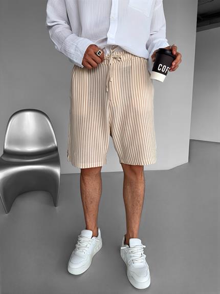 Erkek Beli Lastikli Çizgi Desenli Şort Krem