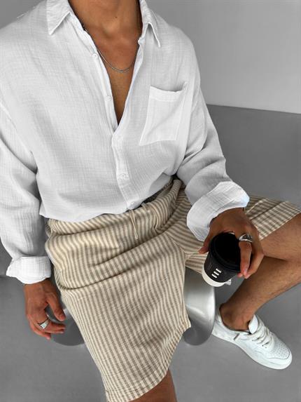 Erkek Beli Lastikli Çizgi Desenli Şort Krem