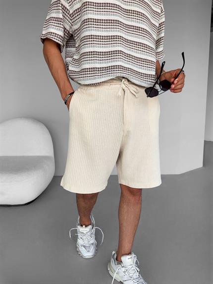Erkek Beli Lastikli Dokulu Triko Şort Krem