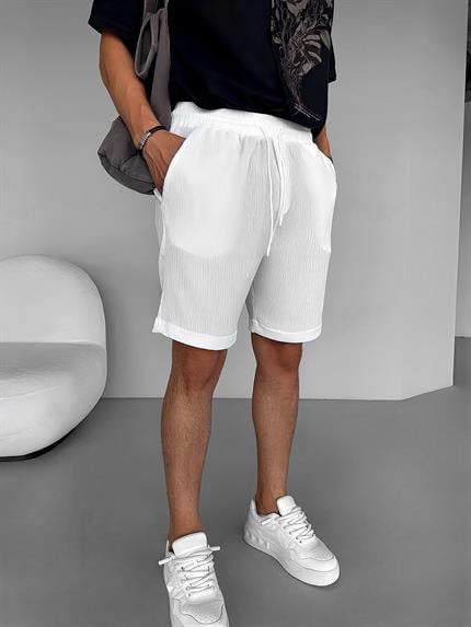 Erkek Beli Lastikli Gofre Şort Beyaz