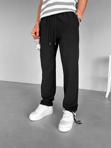 Erkek Beli Lastikli Yazlık Rahat Kalıp Esnek Pamuklu Keten Pantolon Siyah