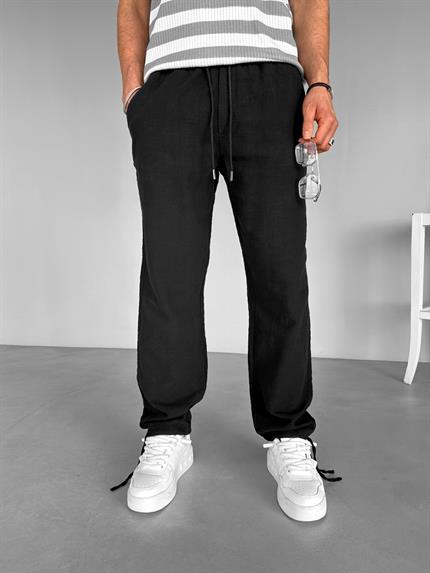 Erkek Beli Lastikli Yazlık Rahat Kalıp Esnek Pamuklu Keten Pantolon Siyah
