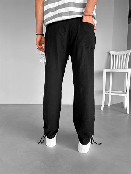 Erkek Beli Lastikli Yazlık Rahat Kalıp Esnek Pamuklu Keten Pantolon Siyah