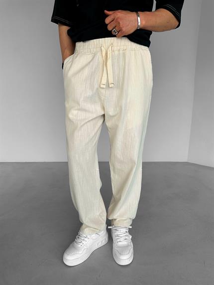 Erkek Baggy Fit Keten Pantolon Bej