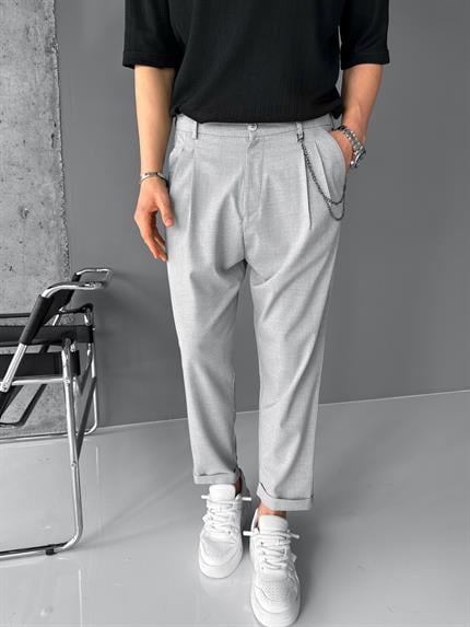 Erkek Boyfriend Zincirli Kumaş Pantolon Açık Gri