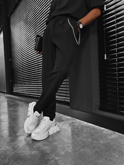 Erkek Boyfriend Zincirli Kumaş Pantolon Siyah