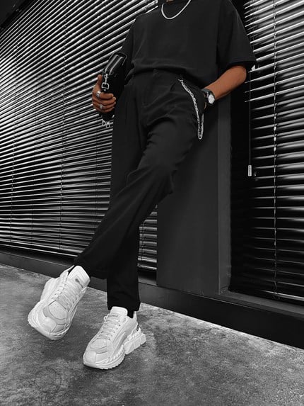 Erkek Boyfriend Zincirli Kumaş Pantolon Siyah