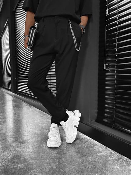 Erkek Boyfriend Zincirli Kumaş Pantolon Siyah