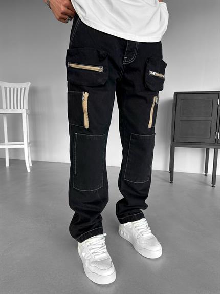 Erkek Çok Cepli Loose Fit Jean Siyah