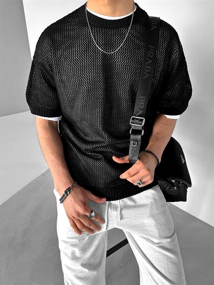 Erkek Oversize Delikli Desenli Triko T-Shirt Siyah