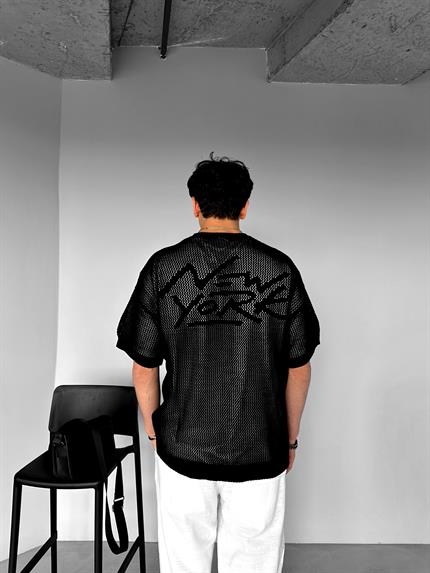 Erkek Oversize Delikli Desenli Triko T-Shirt Siyah