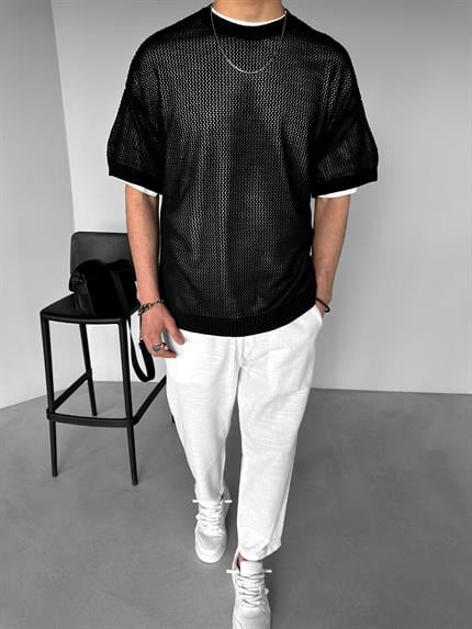 Erkek Oversize Delikli Desenli Triko T-Shirt Siyah