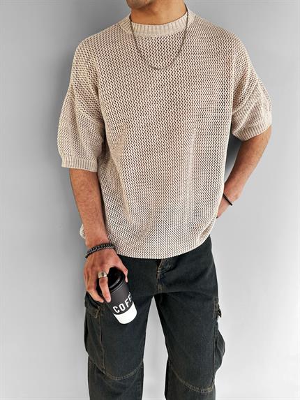 Erkek Oversize Delikli Desenli Triko T-Shirt Bej