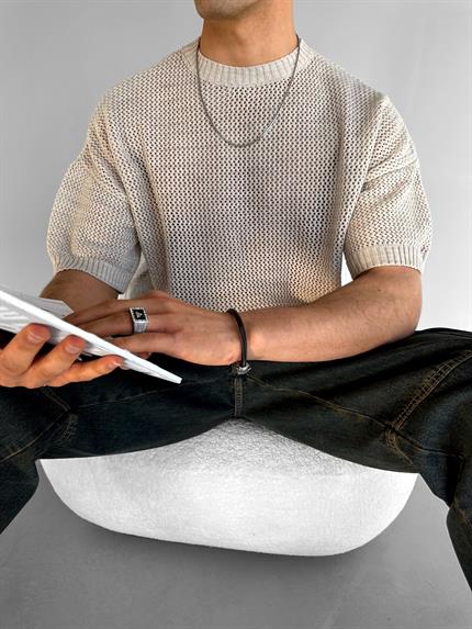 Erkek Oversize Delikli Desenli Triko T-Shirt Bej