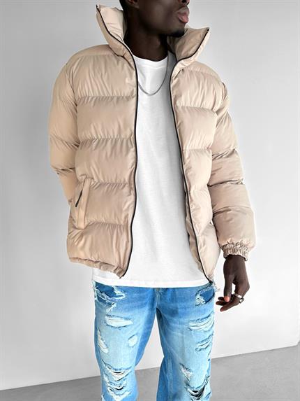 Erkek Dik Yaka Fermuarlı Şişme Mont Bej