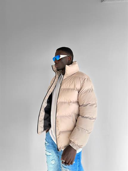 Erkek Dik Yaka Fermuarlı Şişme Mont Bej