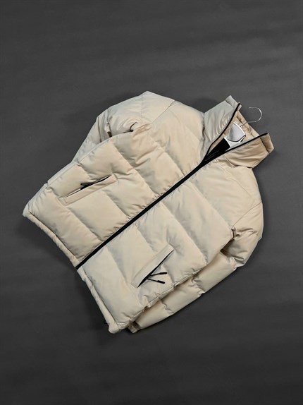 Erkek Dik Yaka Fermuarlı Şişme Mont Bej