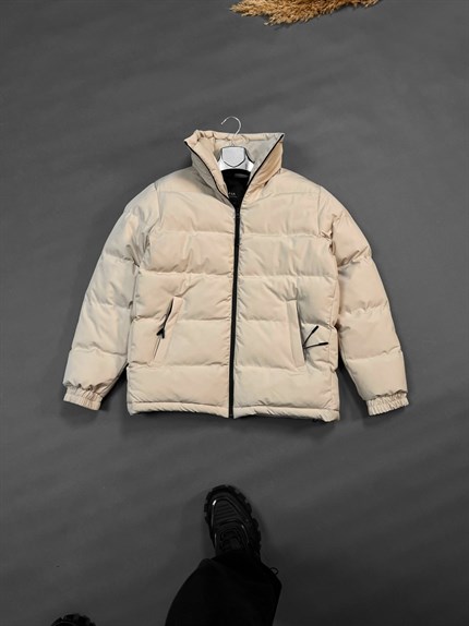 Erkek Dik Yaka Fermuarlı Şişme Mont Bej