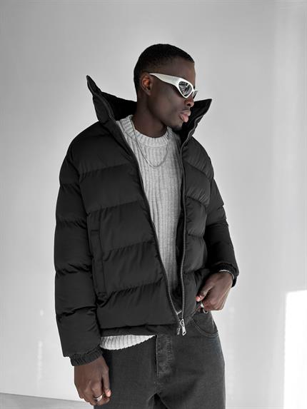 Erkek Dik Yaka Fermuarlı Şişme Mont Siyah