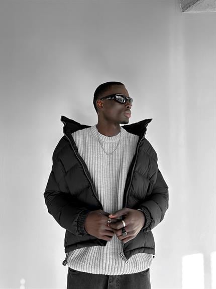 Erkek Dik Yaka Fermuarlı Şişme Mont Siyah