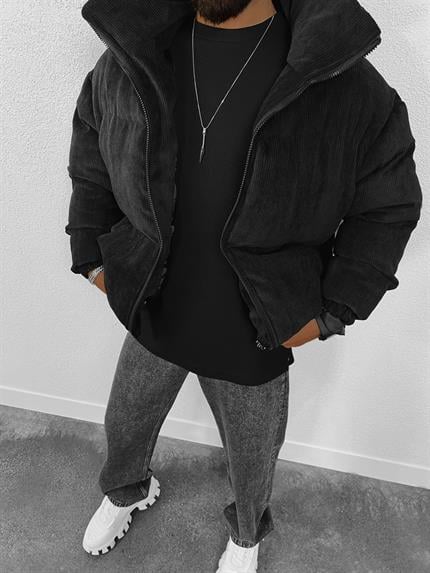 Erkek Dolgulu Fitilli Kadife Mont Siyah