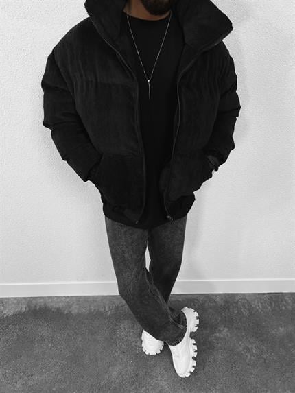 Erkek Dolgulu Fitilli Kadife Mont Siyah