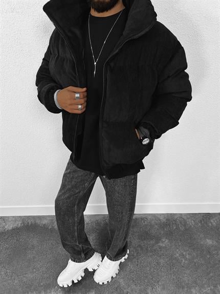 Erkek Dolgulu Fitilli Kadife Mont Siyah