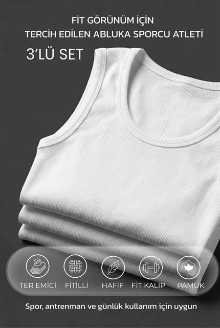 Erkek %100 Pamuklu Basic Fitilli Sporcu Atlet 3lu Set Beyaz