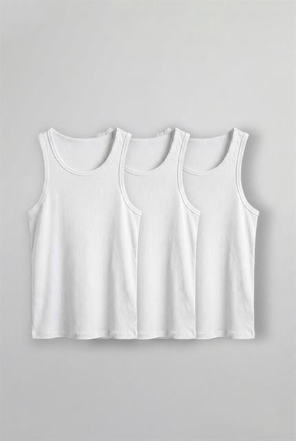 Erkek %100 Pamuklu Basic Fitilli Sporcu Atlet 3lu Set Beyaz