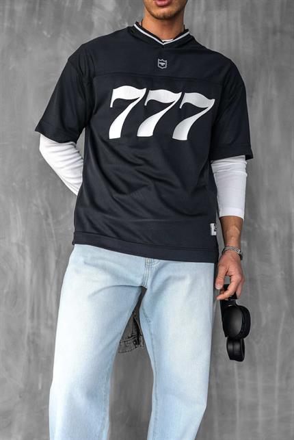 Erkek 777 Baskılı Oversize Forma Kumaş T-Shirt Füme