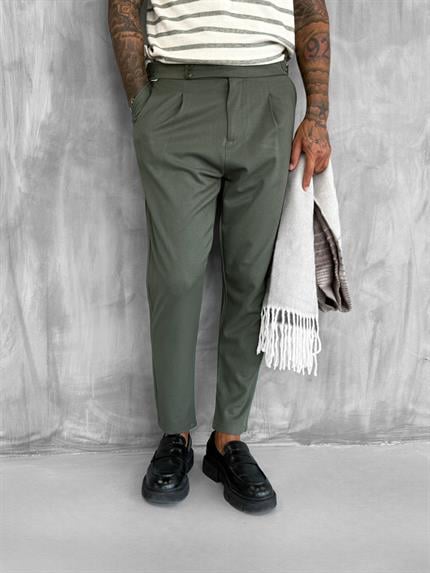 Erkek Ayarlanabilir Tokalı Pileli Kumaş Pantolon Haki
