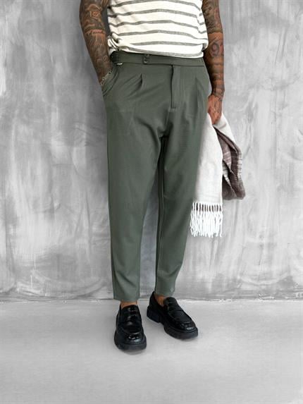 Erkek Ayarlanabilir Tokalı Pileli Kumaş Pantolon Haki