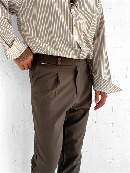 Erkek Ayarlanabilir Tokalı Pileli Kumaş Pantolon Kahverengi