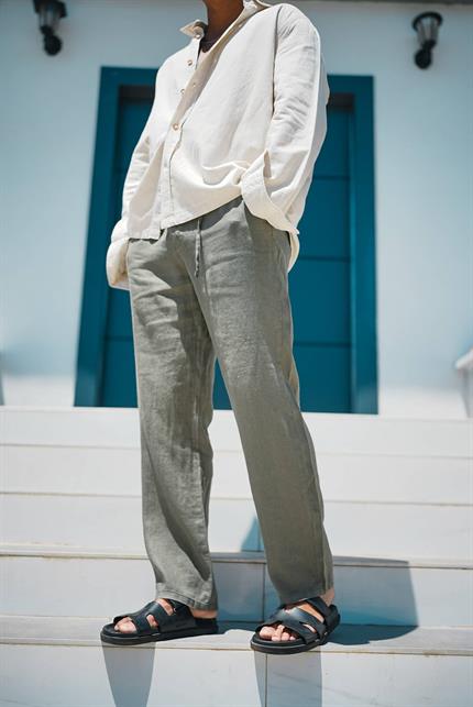 Erkek Regular Fit Beli Lastikli Keten Pantolon Haki Yeşil