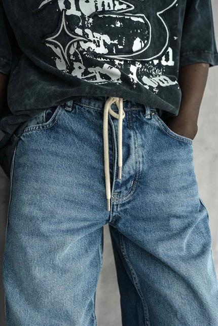 Erkek Bağcıklı Şerit Detaylı Baggy Jean Mavi