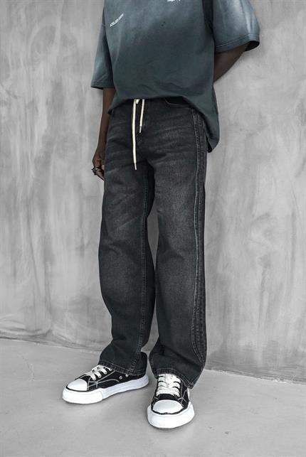 Erkek Bağcıklı Şerit Detaylı Baggy Jean Siyah
