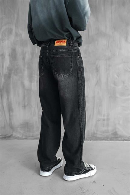 Erkek Bağcıklı Şerit Detaylı Baggy Jean Siyah