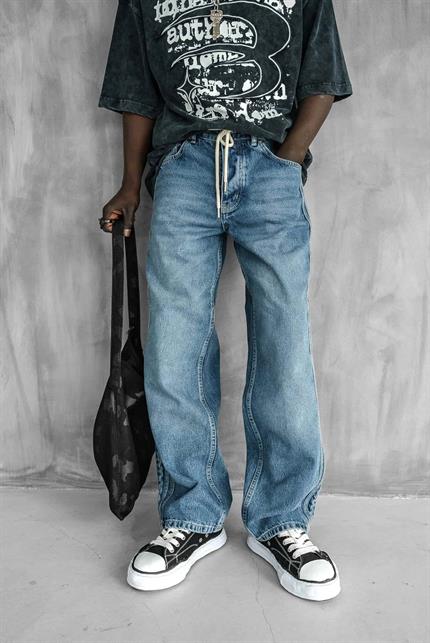 Erkek Bağcıklı Şerit Detaylı Baggy Jean Mavi