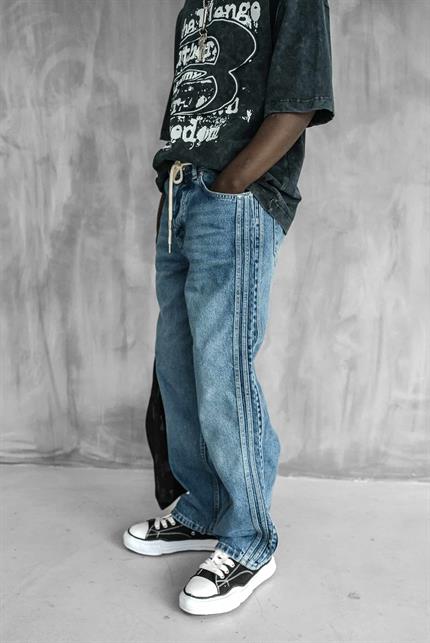 Erkek Bağcıklı Şerit Detaylı Baggy Jean Mavi